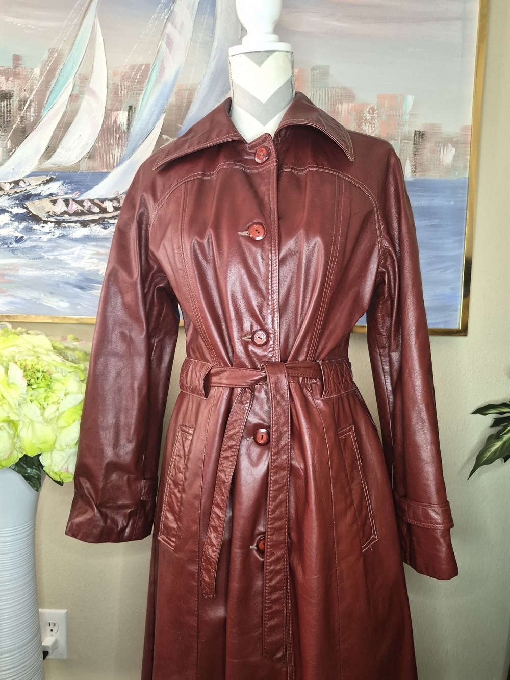 Vintage Red Leather Women's Trench Coat - Picture 2 of 10
